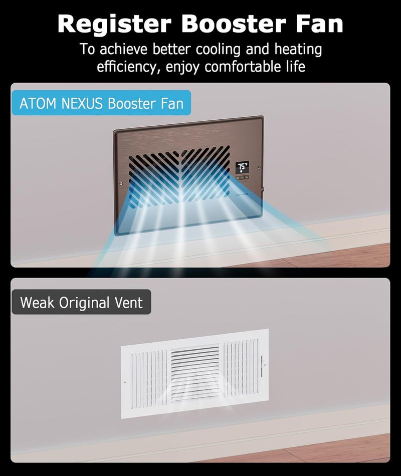 ATOM NEXUS Quiet Register Booster Fan, Smart Vent Booster Fan with Thermostat Control & Remote Control, 10-Speed Control Heating Cooling AC Vent (Brown, 6 x 10 inch) - Image 4